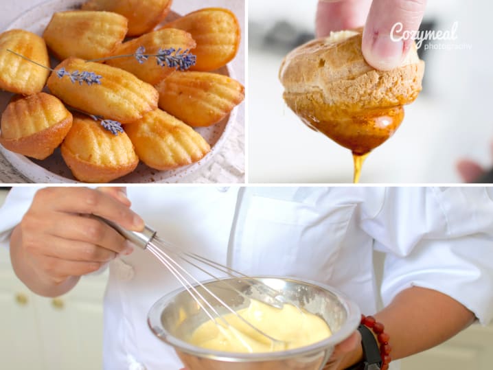 orange and brown butter madeleines chef dipping choux pastry in syrup chef making creme patissiere