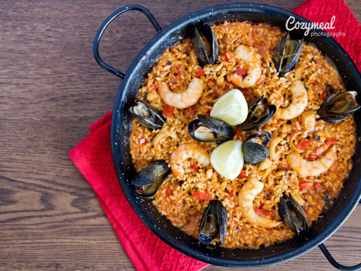 paella with shrimp, mussels, chicken, and chorizo sausage