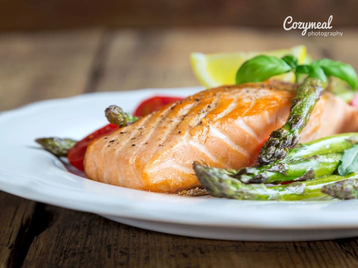 pan seared salmon and rice and asparagus