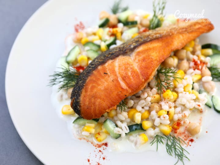 pan seared salmon on corn