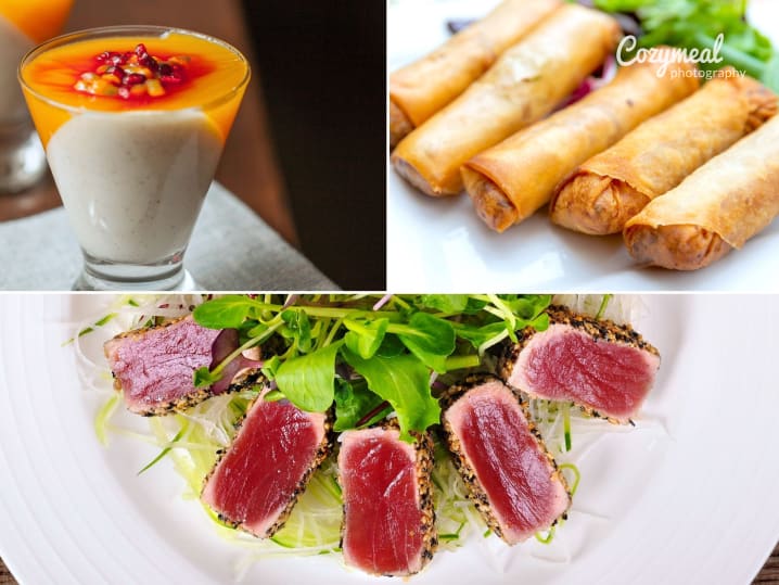 panna cotta, crispy spring rolls and seared tuna