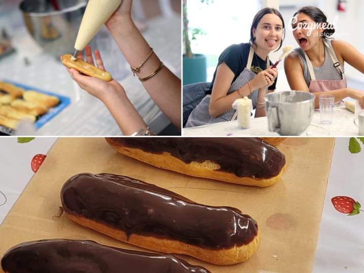 Cooking Class - Chocolate-Dipped French Éclairs in Culver City: participants decorating éclairs and freshly made chocolate glazed éclairs in a hands on baking class