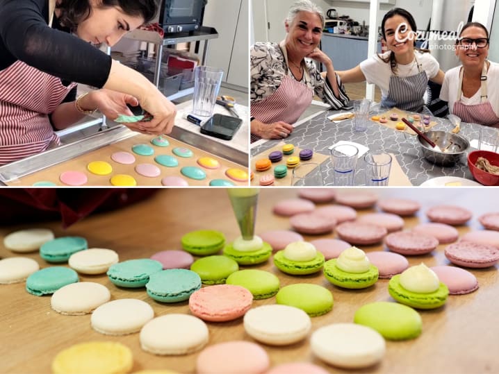 Cooking Class - Master French Macarons Step by Step in Culver City: participants preparing colorful macarons and showcasing their creations during a hands on macaron making class