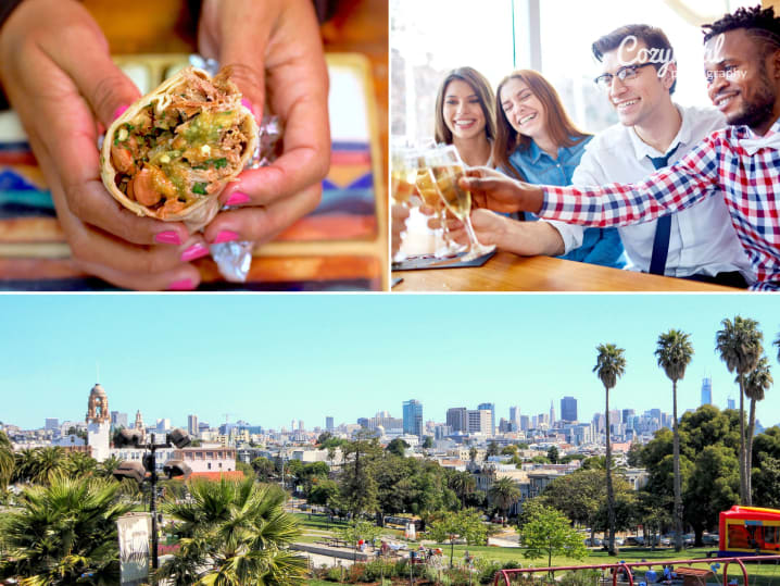 people enjoying burritos and champagne on a food tour in san francisco california