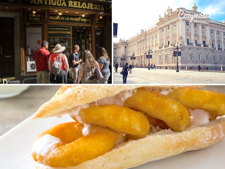 people on a food tour building in Madrid traditional fried squid sandwich