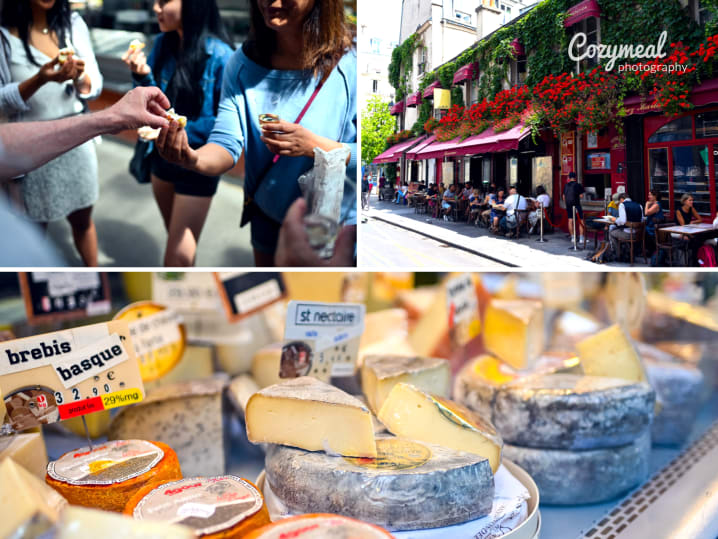 people sampling food a cafe in the Le Marais district in paris specialty cheese on display