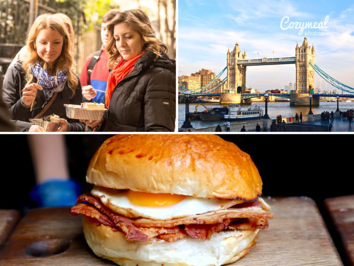 people sampling food on a food tour London Bridge bacon and egg sandwich