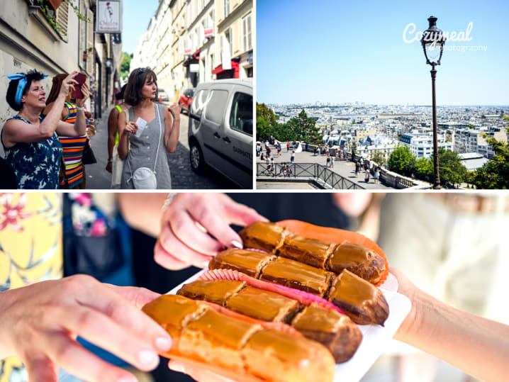 people walking on a food tour view of Montmartre people sampling eclairs