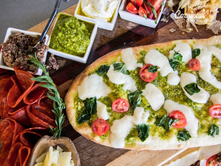 pesto flatbread with mozzarella