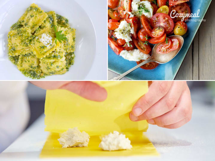 pesto ravioli and caprese panzanella salad and homemade ravioli