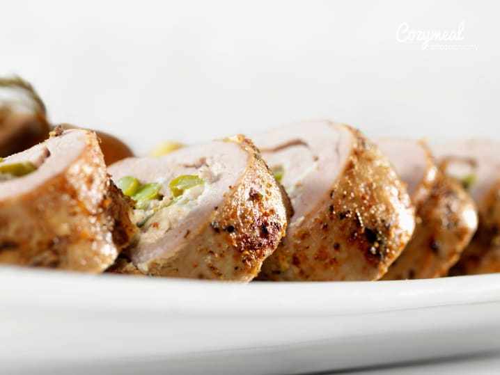 plated and cut stuffed pork tenderloin