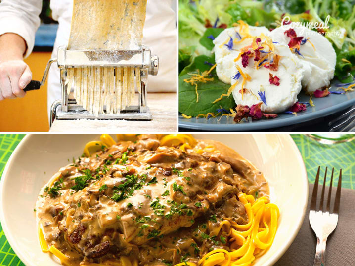 pork schnitzel with mushroom sauce, goat cheese salad and fresh linguine