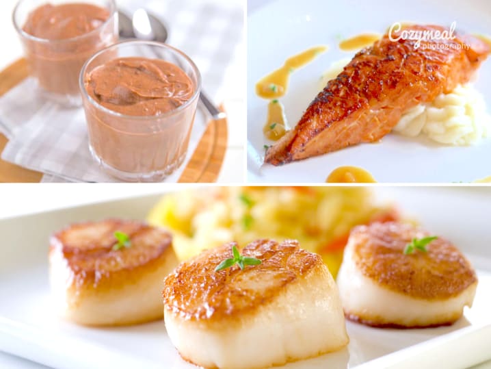 frozen chocolate mousse glazed salmon steak citrus deglazed scallops