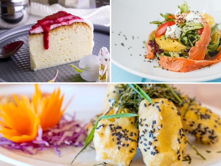 japanese cheesecake with coulis sushi salmon salad deep fried tofu