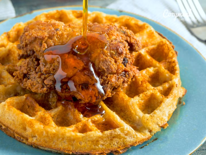 chicken and waffles with syrup