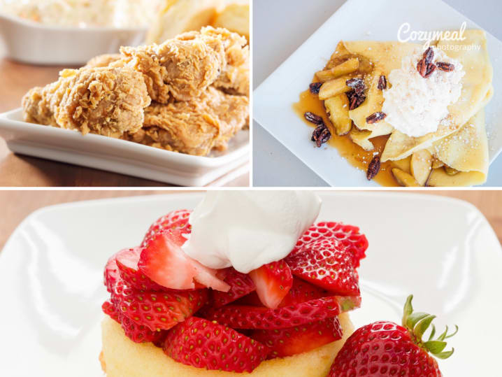 country fried chicken bites stuffed crepe strawberry shortcake