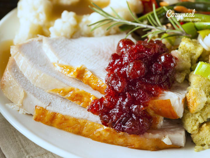 thanksgiving turkey with cranberry sauce and stuffing