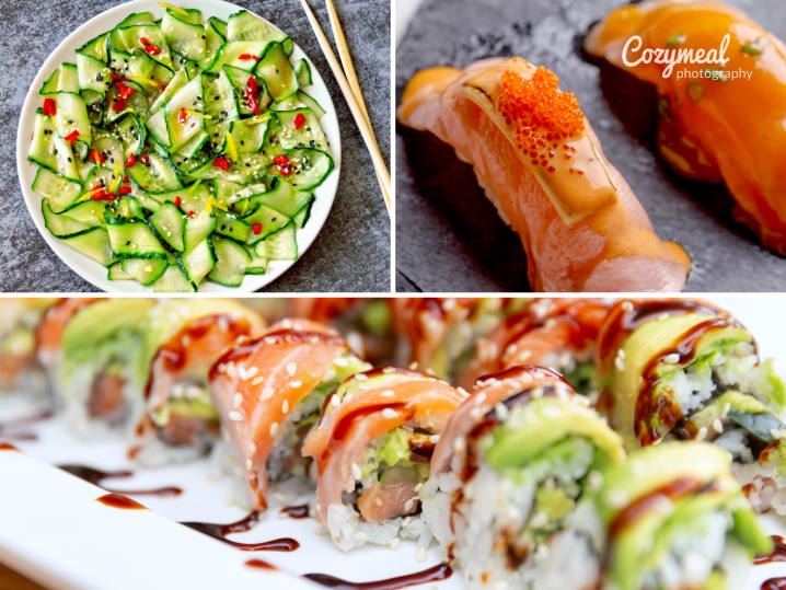 ginger cucumber salad torched sushi salmon avocado roll