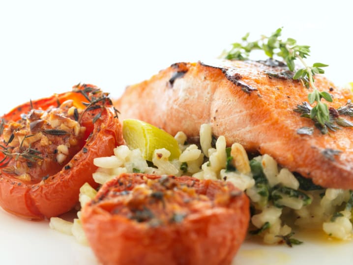 salmon and risotto with tomatoes