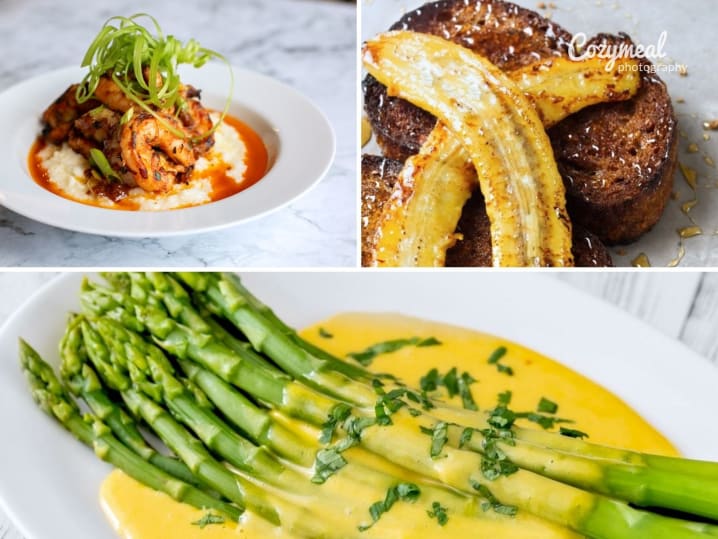 asparagus with hollandaise with shrimp and grits and bananas foster french toast