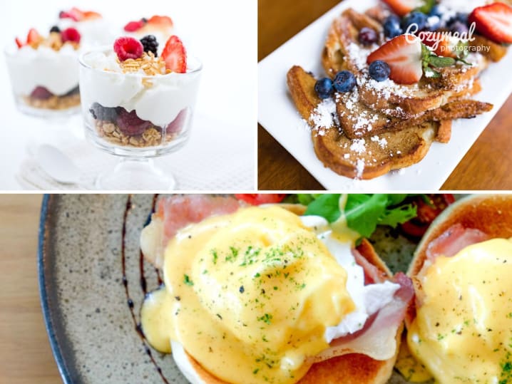 brunch with french toast, parfait and eggs benedict