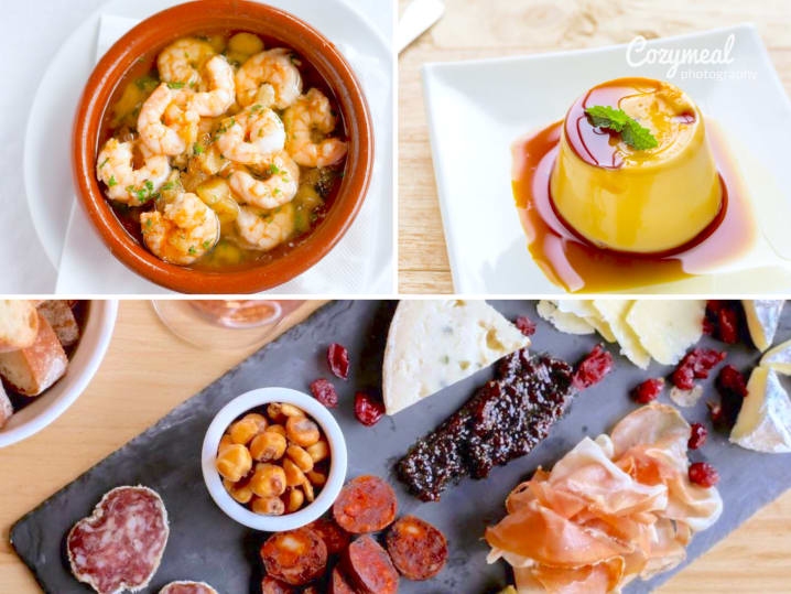 gambas al ajillo classic Spanish flan charcuterie board with meats cheeses jam fried fruit