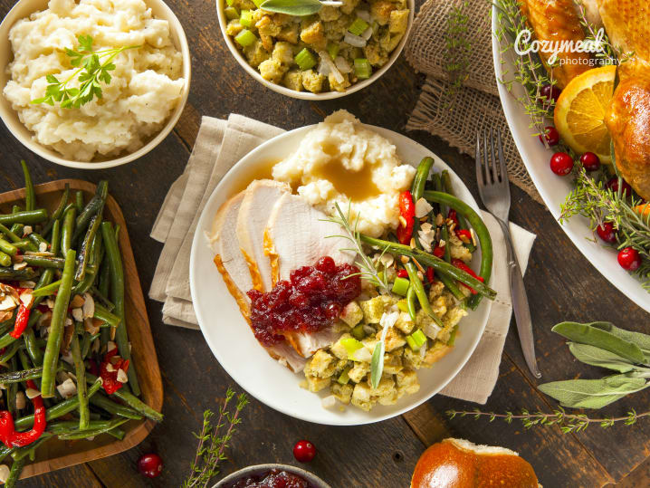 turkey dinner with haricots verts and stuffing