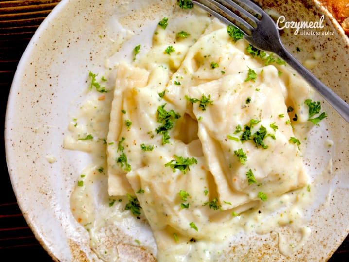 vegan mushroom ravioli with cream sauce