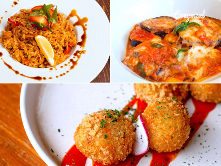 tomato risotto with eggplant parmesan and arancini