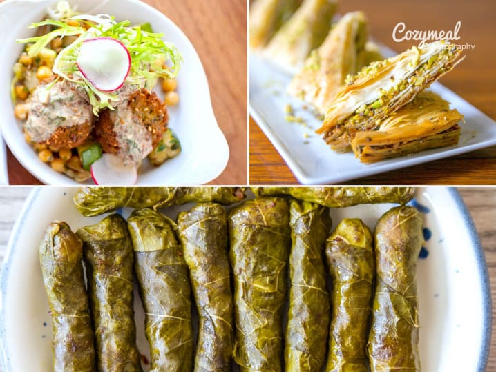 falafels and baklava with grape leaves