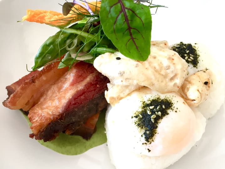 poached eggs and pork belly