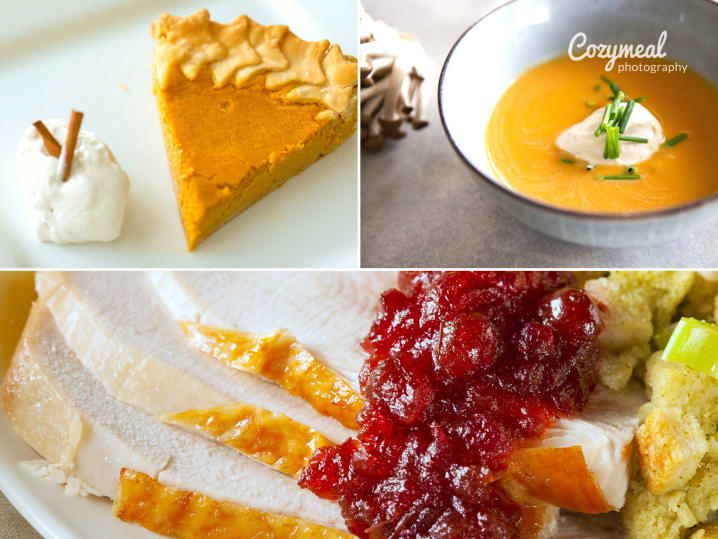 pumpkin pie and pumpkin soup with turkey thanksgiving dinner