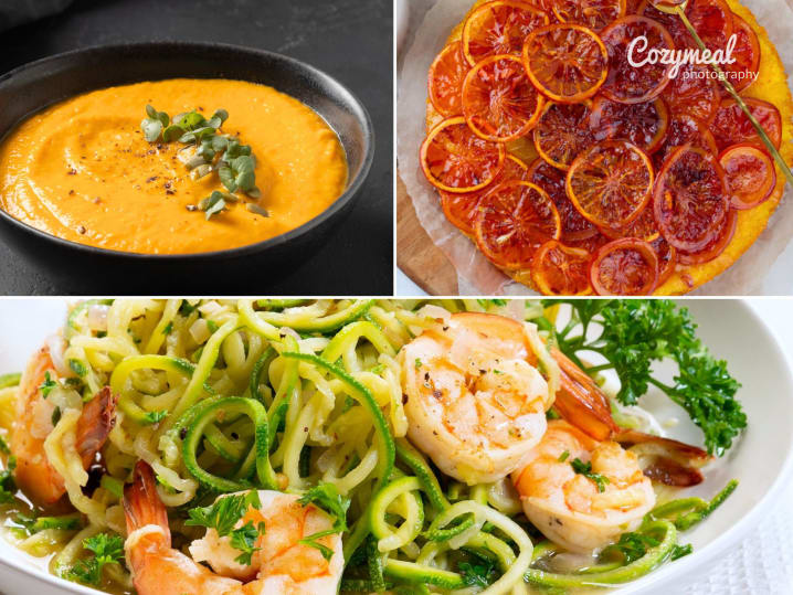 pumpkin soup, orange cake, and shrimp pesto zucchini noodles