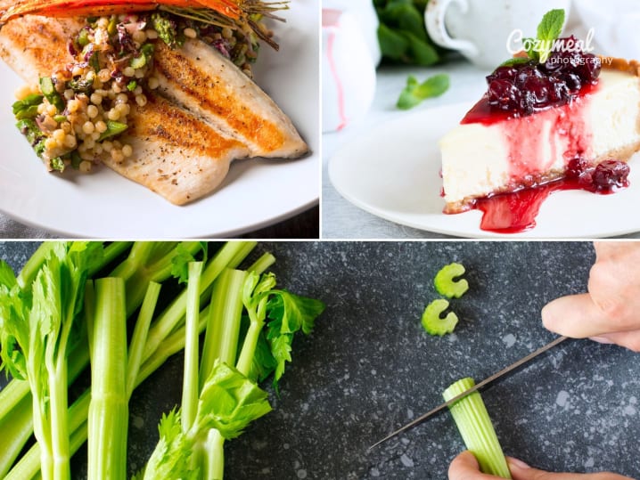 rainbow trout with cheesecake and a person slicing celery