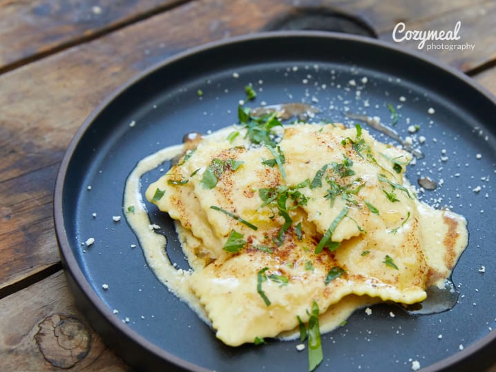 ravioli with mushroom parmesan sauce