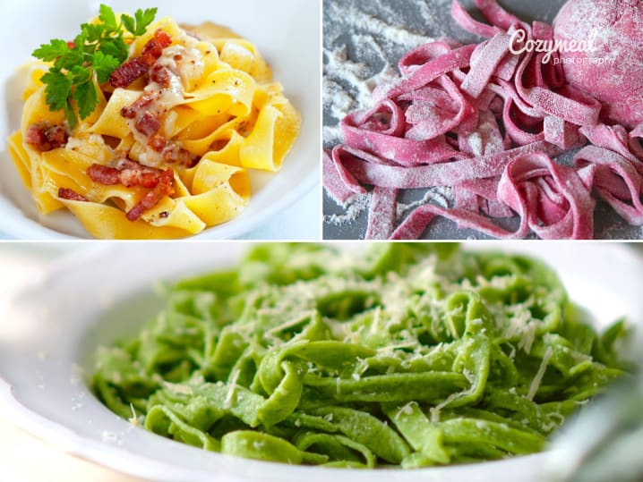 regular pasta, pink pasta and green pasta