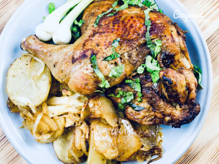 roasted chicken thighs and potatoes