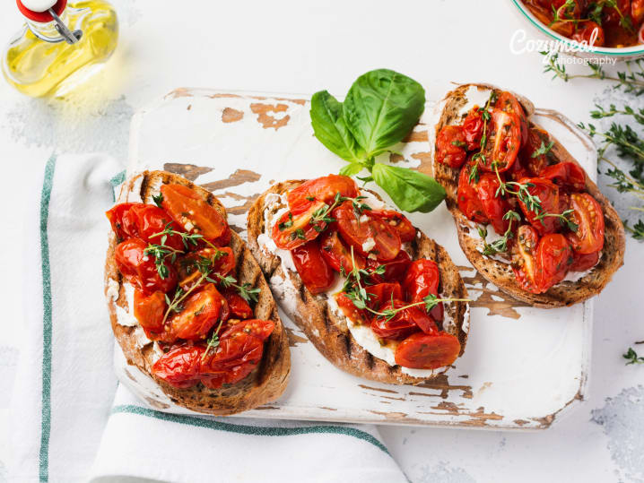 roasted tomatoes and olive brushetta