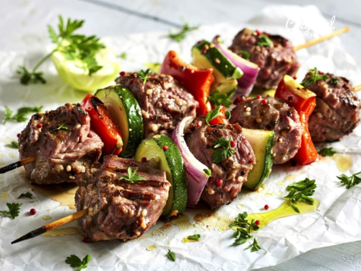 roasted lamb skewers with grilled veggies