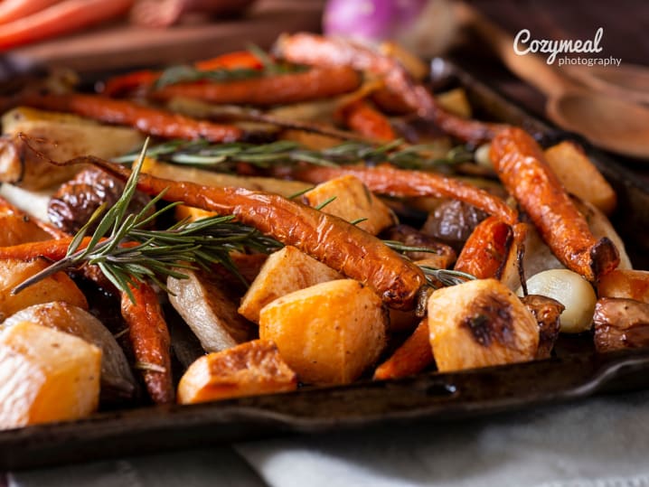 roasted vegetables on a baking tray