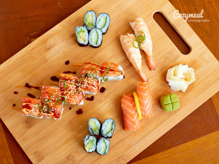 salmon sushi rolls and nigiri
