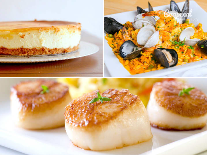 salted caramel cheesecake and seafood paella and pan seared scallops