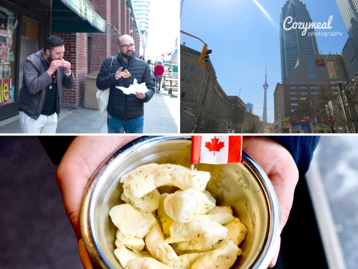 sampling food during a food tour CN tower in Toronto specialty dish