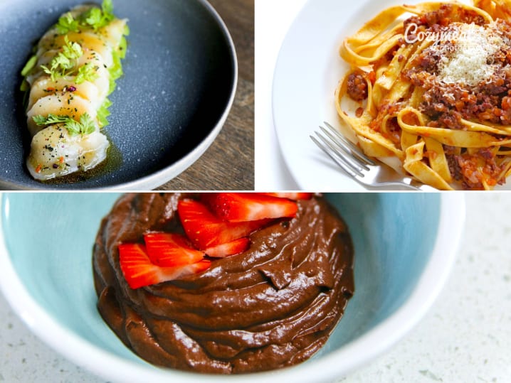 scallop crudo, tagliatelle bolognese and chocolate budino
