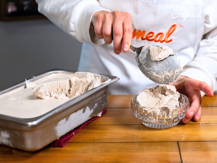 scooping almon ice cream