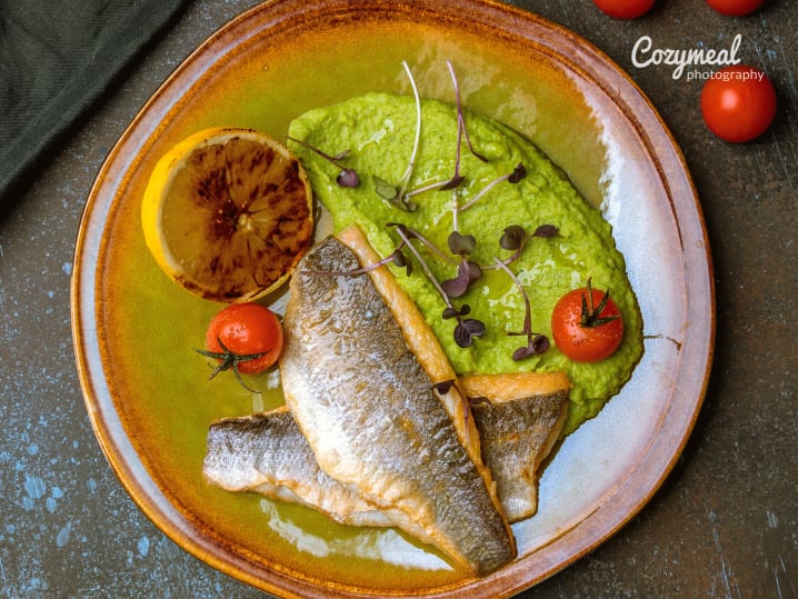 sea bass with pickled lemon and pea puree