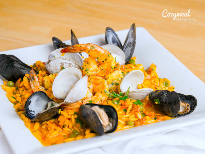 seafood paella with mussels and clams