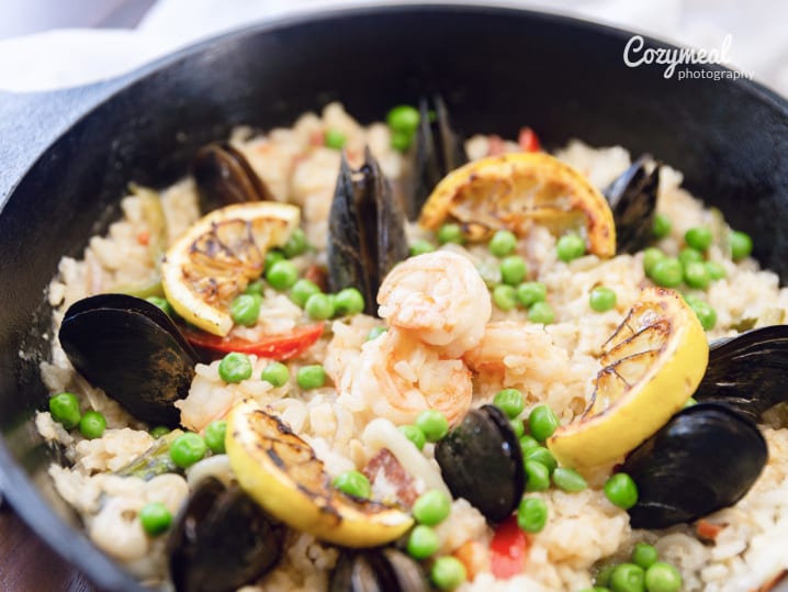 seafood paella with mussels prawns and calamri