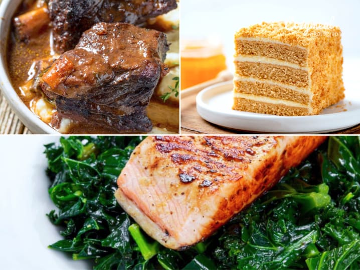 short ribs and honey cake and salmon on braised greens