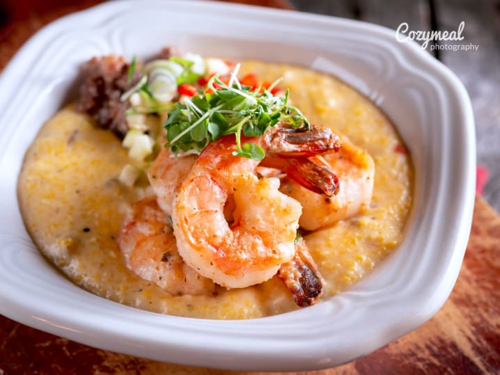 shrimp with tomato polenta and squash